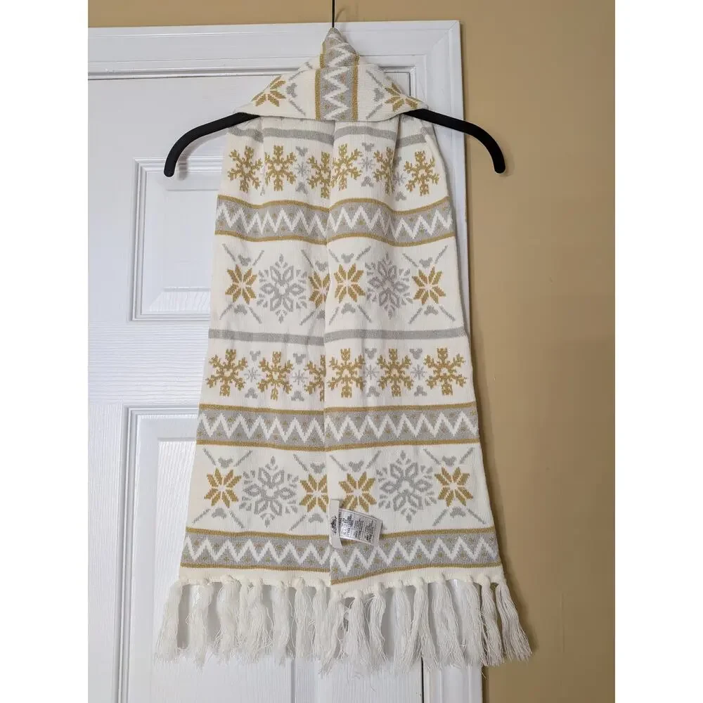 Disney Winter Magic Snowflake Knit Scarf NWT Cream Gold Fringe Winter Scarf